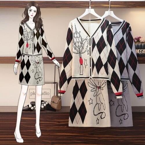 Spring Autumn 2021 Womens Knitted Sweater Single Breasted Cardigan+A Line Skirt Two Piece Set Suits Feme