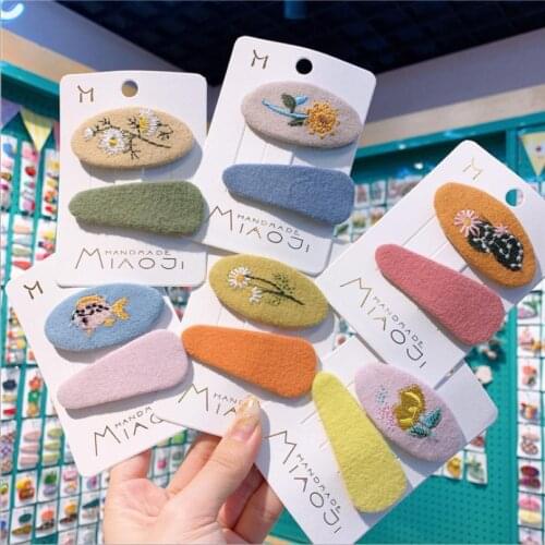 1Pair New Korean Simple Cartoon Flowers Embroidery BB Clip Fashion Sweet Girl Childrens Hairpins Hair Accessories T0215