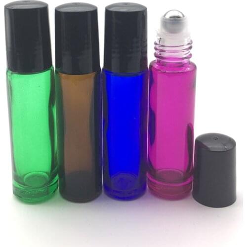 10pcs 10ml Colorful Perfume Roller Glass Bottle Empty 10cc Essential Oil Sample Roll-On Black Plastic Cap Container