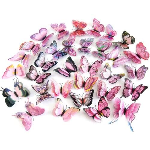 12pcs DIY Colorful Decal 3D double Butterfly Wall Sticker Bat Art PVC Paper Decor for Kids Living Room Decoration free shipping