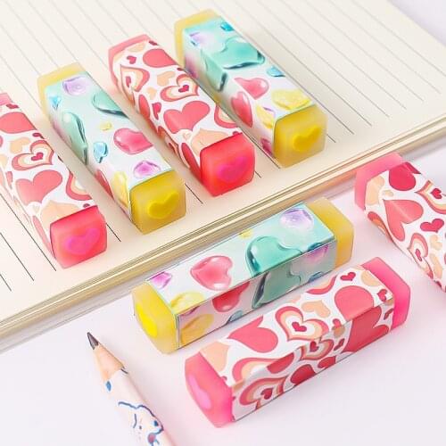 2pc Colorful Love Long Strip Eraser Schoolboy Drawing Error Correction Rubber Study Exam Pencil Eraser Kids Cute School Supplies