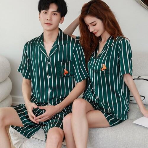 2021 Summer Couple 2PCS Faux Silk Pajamas Set Cute Dog Sleepwear Short Sleeve Striped Nightwear Loose Homewear Oversize M-3XL