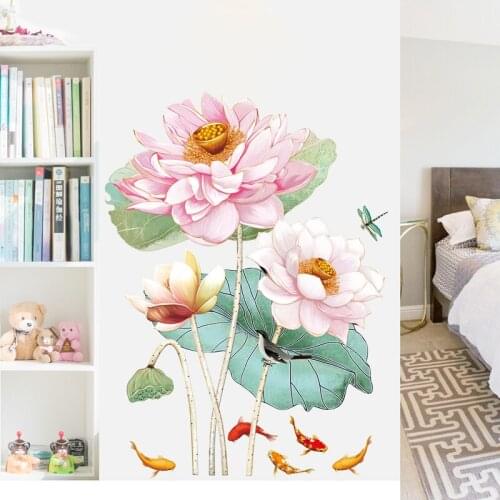 3D Pink Lotus Wall Stickers Teen Room Decor Bedroom Living Room Wall Decoration Art DIY Mural Chinese Style Flowers Wallstickers
