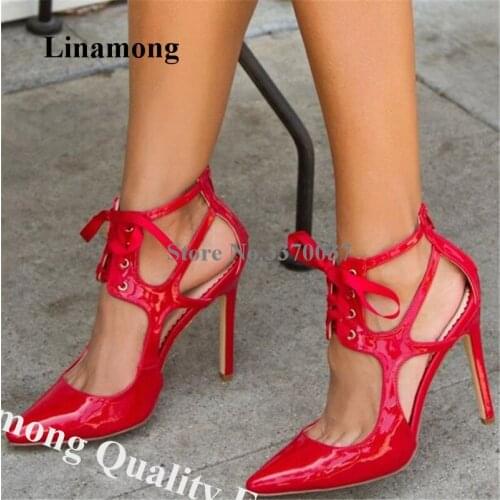 Linamong Shining Red Black Patent Leather Stiletto Heel Pumps Cut-out Lace-up Pointed Toe High Heels Formal Dress Shoes Big Size