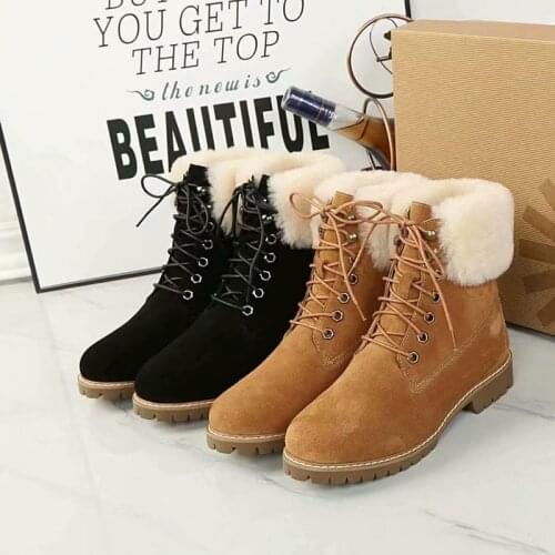 Winter snow boots natural leather thick wool sheepskin one-piece womens snow bootsl lace up thick soled women