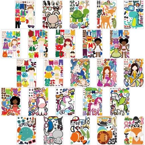 Kids Make-a-Face Stickers Puzzle Games Princess Cute Animal Dinosaur Assemble Jigsaw Children Recognition Training Education Toy