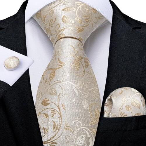 DiBanGu Mens Necktie Light Champagne Floral Design Silk Wedding Tie For Men Tie Hanky Cufflink Set Business Party Dropshipping