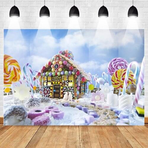 Candy World Backdrop Christmas Gingerbread House Happy Birthday Photo Backdrops Kids Birthday Party Photography Backgrounds