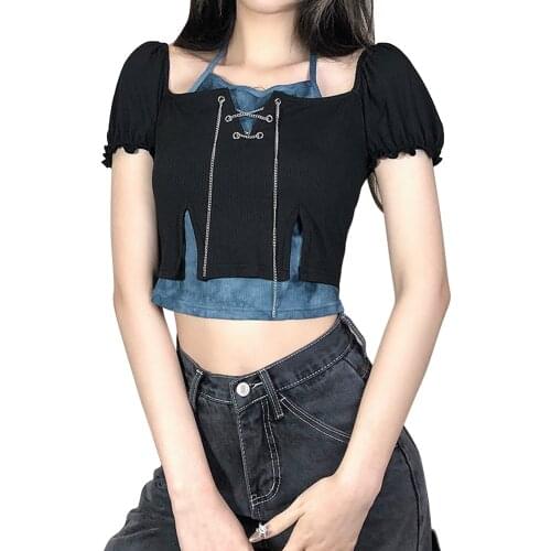 Women’s Short Sleeve Fake-two T-shirt Fashion Tie-dye Stitching Halter Exposed Navel Tops