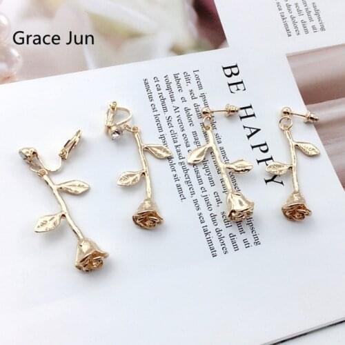 Grace Jun New Style Gold Color Rose Flower Shape Clip on Earrings and Pierced Earrings Vintage Fashion Earrings Ornament Gift