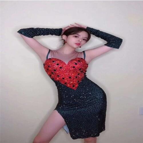 H11 Female stage perform red black crystals sexy dress rhinestones stretch skirt diamonds split outfit party show costume disco