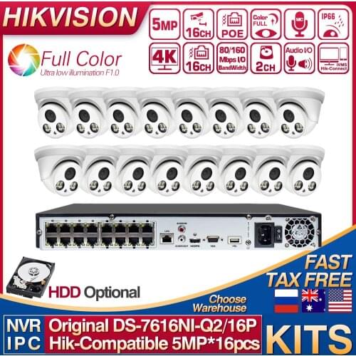 Hikvision Compatible Kits DS-7616NI-Q2/16P 16POE NVR With 5MP Full-color IP Camera POE Built-in MIC 16pcs Plug&play CCTV System