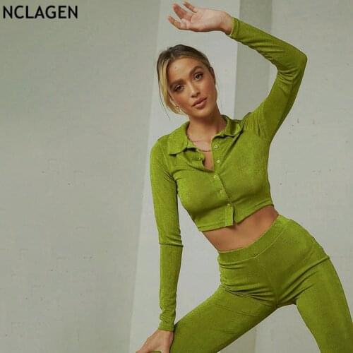 NCLAGEN Women 2 PCs Set Single Breasted Long Sleeve Shirt Coat Crop Top Fitness Flare Pants Streetwear Autumn Fall Suit Set