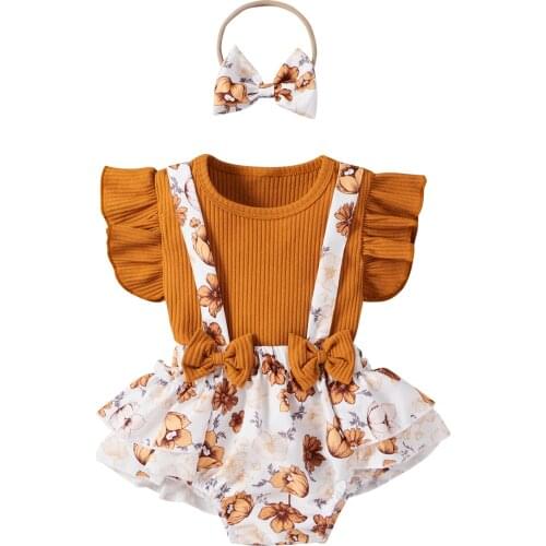 Toddler Baby Girl Summer Outfits Ruffles Fly Sleeve Top+Floral Bow Strap Shorts+Headband Three-pieces Sets Girl 0-18Months