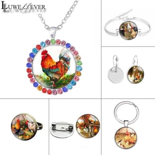 New 613 Chicken Glass Necklace Bracelet 25mm 30mm Double Sided Round Glass Cabochon Jewelry For Unisex Charm Pendant