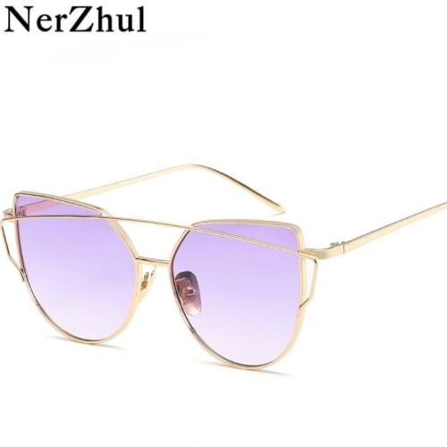 NerZhul New Alloy Sunglasses Women Trendy Half Blue Pink Cat Eye Sun Glasses Female Yellow Gradient Ladies Sunglasses