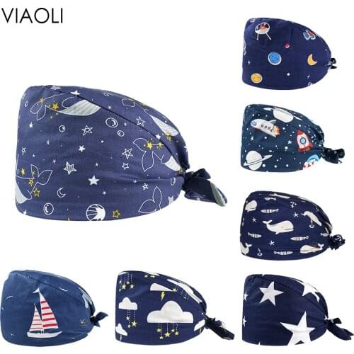 Wholesale Breathable cartoon Anima printing Bandage Scrubs hat pet shop Beautician cute working hats laboratory unisex Scrub cap