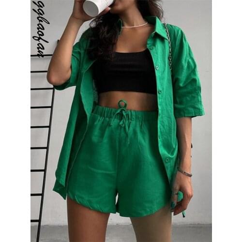 Ggbaofan Autumn Casual Turn-Down Collar Shirts + Shorts 2-Pieces Set Fashion Outfits Matching Sets Loose Short Sleeve Blouse