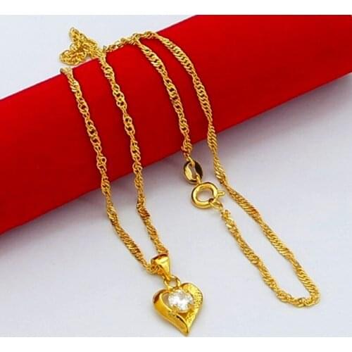 Genuine 24k Gold Necklace Zircon Heart Pendant Water Ripple Chain Necklace Electroplating Gold Jewelry Wedding Gifts for Women