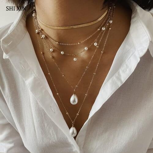 SHIXIN Multi Layer Imitation Pearl Necklace for Women Korean Fashion 2020 Pendant Necklace Female Jewelry Decoration on the Neck