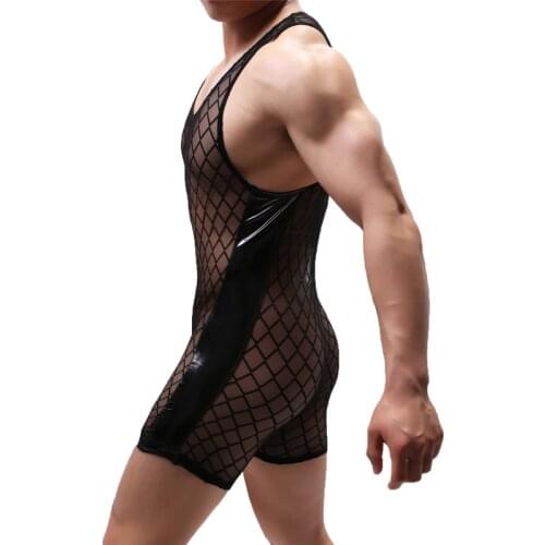 Sexy PU Leather Mesh Undershirts Jock strap Mens Fishnet Transparent Bodysuit Wrestling Singlet Jumpsuit Gay Underwear Boxers