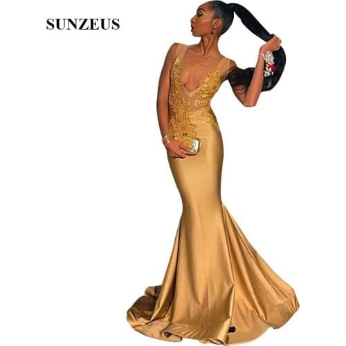 Appliques Sheer Top V-neck Prom Dress With Appliques Mermaid Design Long Gold Party Gowns Robe Soiree