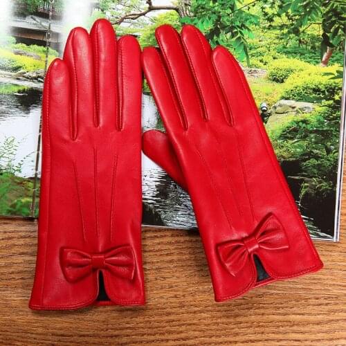 Latest 2020 Lambskin Butterfly Knot Real Leather Gloves Female Winter Plus Velvet Thicken Red Womans Sheepskin Gloves L6122
