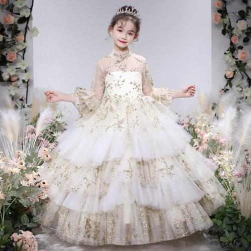 High-end Children Evening gown Sequined stitching Wedding Birthday Party Princess Dress For Girls Kids Piano Host Vestidos L374