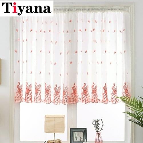 Short Curtain Embroidered Peacock pocket panel Sheer Tulle For Home Living Room Kitchen Door Balcony Window Screen Panel JK318X