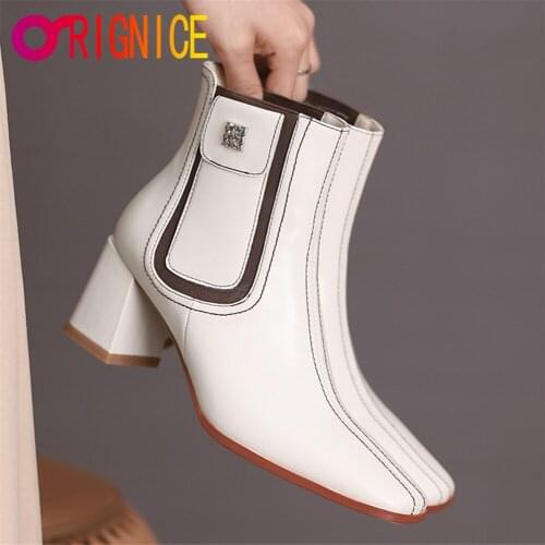 Orignice Luxury Brand Women Beige Block High Heels Chelsea Ankle Boots 2021 Autumn Winter Female Square Toe High Quality Shoes