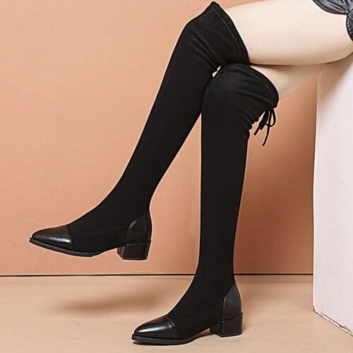 Fashion Women Over The Knee Stretch Boots Female Pointed Toe High Heels Shoes Slip On Shoes Autumn Winter Ladies Chelsea Boots