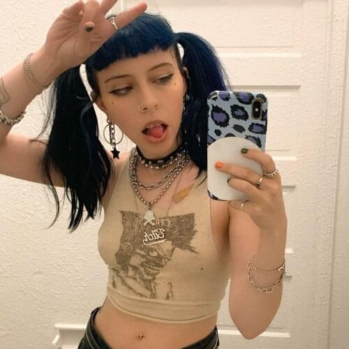 Womens Round Neck Y2K Tank Tops Trendy Sleeveless Anime Printed Slim Fit Crop Tops 90s Punk Tees Streetwear