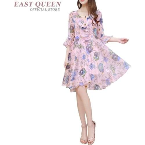 Womens summer dress sexy v-neck floral print three quarter butterfly sleeve knee-length tunic female dresses for beach DD656 L