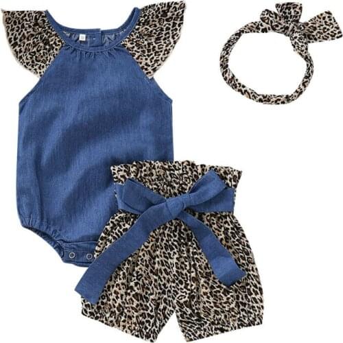 Newborn Infant Kids Baby Girl Leopard Denim short sleeve Romper Pants Headband 3PCS Outfits