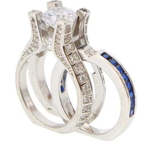 Promotion 100% 925 sterling silver wedding engagement band 2 piece set blue rose gold color silver ring set