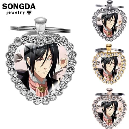 SONGDA Anime Black Butler Heart Crystal Women Keychain Glass Rhinestone Pendant Key Ring Trinkets Bag Charms Souvenirs & Gifts