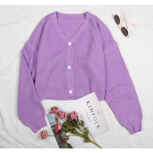 Purple Knitted Sweater Women Casual Cardigan Loose Solid Sweater Slim Buttons Cardigan Women Coat Long Sleeve Pull Femme 2021