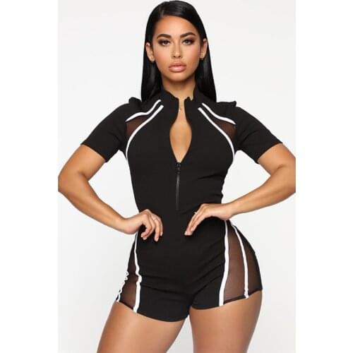 NORMOV Women Junpsuits Patchwork O Neck Zipper Hollow Out Skinny Shorts Jumpsuits Polyester Casual Breathable Female Jumpsuits