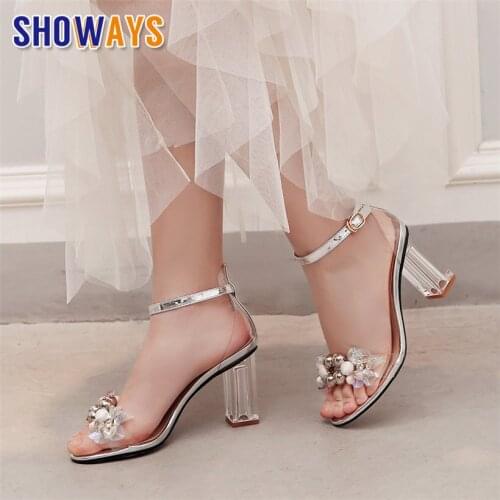 Summer Clear PVC Women Sandals High Crystal Block Heels Red White Rhinestone Flower Wedding Party Office Lady Ankle Strap Shoes