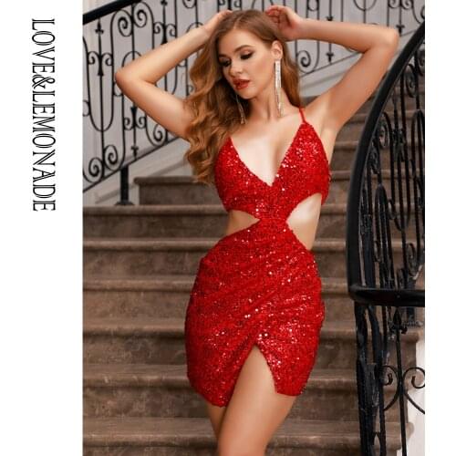 LOVE&LEMONADE Sexy V-Neck Cut Out Cross Shape Red Sequins Bodycon Open Back Mini Dress LM82976-2