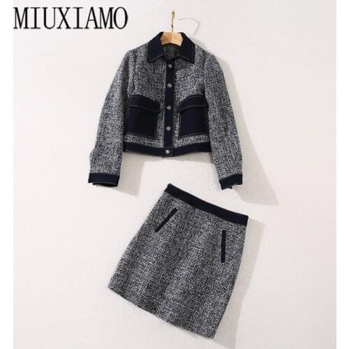 MIUXIMAO 2020 High Quality Autumn Two piece set Fashion Long Sleeve Diamonds Jacket Top+ Dress Office Lady Suit Women