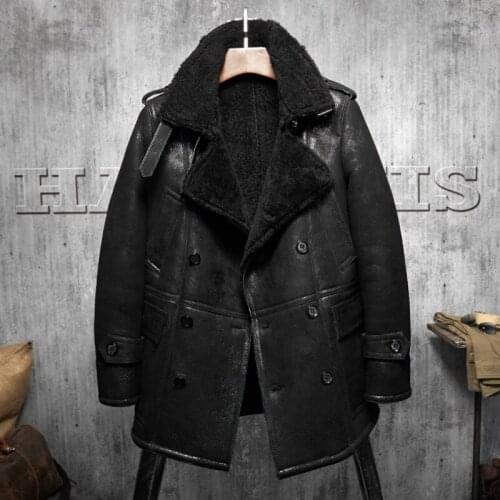 Black lapel Mens Shearling Leather Jacket Long Style Mens Fur Coat Aviation Leathercraft Parka
