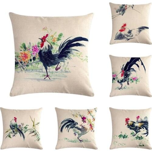 Chinese Ink Painting Rooster Cock Cushion Cover Retro Vintage Home Cafe Decorative Cotton Linen Pillow Case For Sofa Couch ZY384