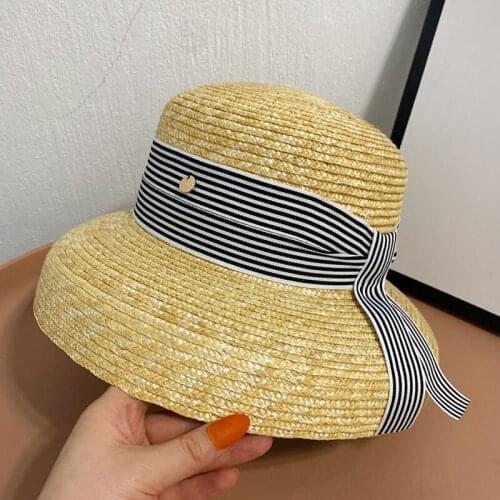 New Summer Casual Bucket 100% Natural Straw Catwalk Model Wind Brim Black Ribbon Fedora Cap Women Sun Protection Outdoor Sun Hat