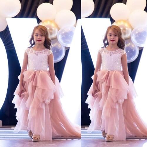 Flower Girls Dress Short Sleeve Sequins Lace Appliques Tiered Skirts Children Birthday Party Dresses Kids Wedding Prom Pageant