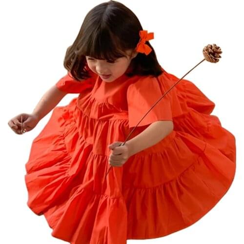Vintage Dress Age For 2 - 8 Years Baby Girls Chiffon Short Sleeve Dress 2021 New Summer Beach Style Orange Loose Kids Frocks