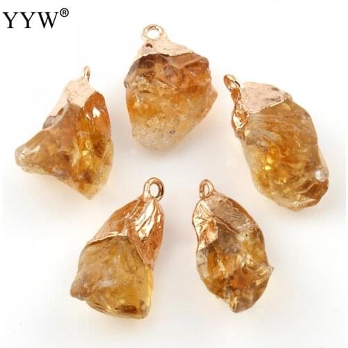 YYW 5pcs Citrina Pendant With Gold Color Nuggets Large Raw Stone Pendant Necklace Crystal Yellow Stone Fit For Jewelry Making