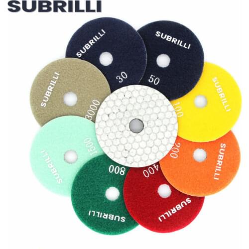 SUBRILLI 4" Dry Polishing Pads 8pcs Flexible Diamond Polish Wheel Resin Bond Sharp Type Sanding Disc For Granite Marble Ceramic