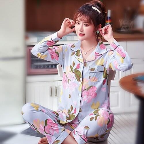 -Outer Wear Fashion Cotton Silk Pajamas Womens Spring and Autumn Long Sleeve Thin Artificial Cotton Bourette Homewear Set Summe