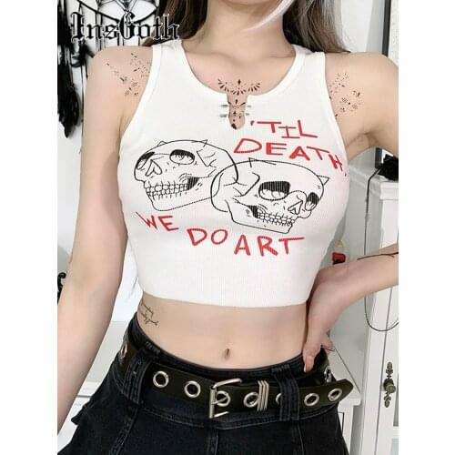 InsGoth Gothic Skull Print White Tanks Harajuku Punk Brook Patchwork Women Tank Top Streetwear Grunge Summer Basic Crop Tops